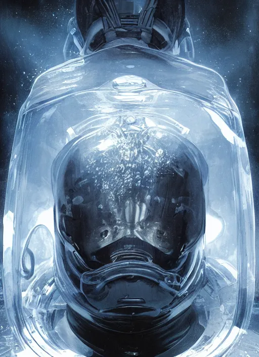 Image similar to astronaut in dark void underwater - complex and hyperdetailed technical suit design. reflection and dispersion materials. rays and dispersion of light. volumetric light. f / 3 2. noise film photo. flash photography. ultra realistic, 5 0 mm. poster by wayne barlowe, hajime sorayama aaron horkey, craig mullins