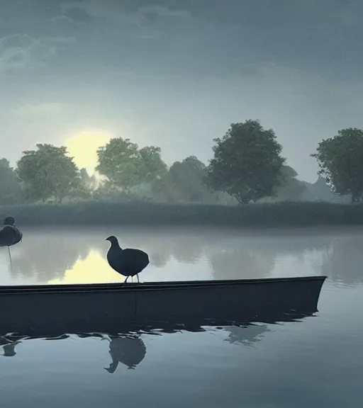 Prompt: three crows standing in a boat in a swamp, the reflection of the swamp, volumetric lighting, fog, majestic light, octane render, ethereal glare of the sun, hyperrealistic, epic, masterpiece, by makoto shinkai