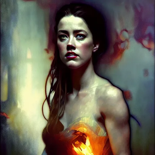 Image similar to hyperrealistic portrait of a woman as amber heard dining in hell by jeremy mann and alphonse mucha, fantasy art, photo realistic, dynamic lighting, artstation, poster, volumetric lighting, very detailed faces, 4 k, award winning