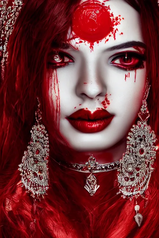 Image similar to portrait of the blood goddess, enigmatic beauty, dominant shades of crimson and red and black, photography, oriental silver ornaments, artstation