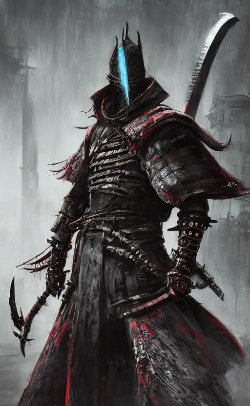 Prompt: a portrait of cyberpunk samurai with double sword, bloodborne concept art, 4 k