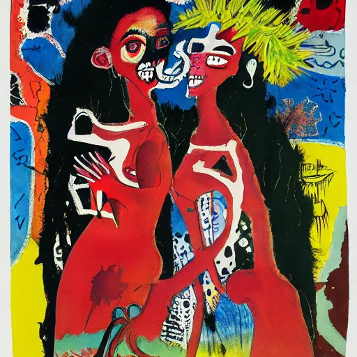 Image similar to watercolor painting of two bizarre psychedelic monster women kissing in japan in winter, speculative evolution, mixed media collage by basquiat and jackson pollock, maximalist magazine collage art, sapphic art, psychedelic illustration