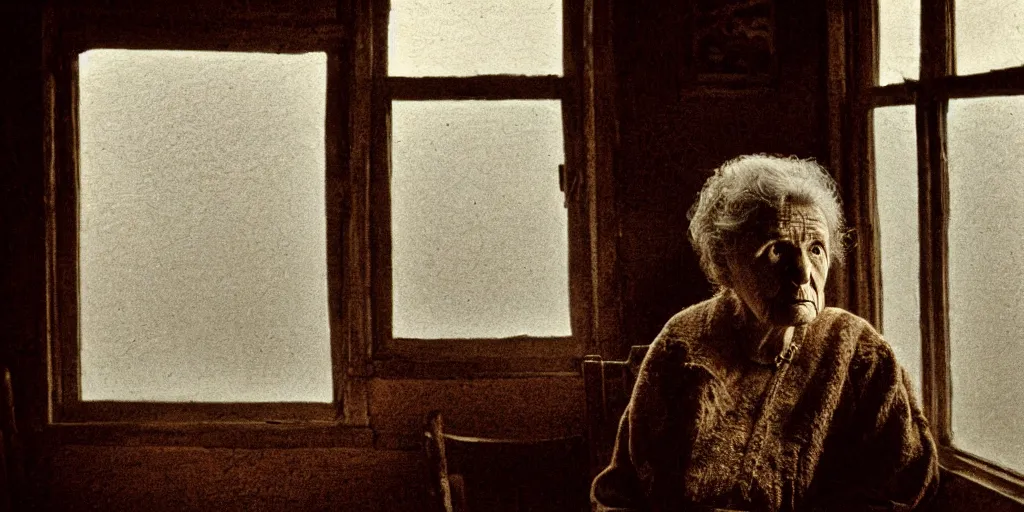 Image similar to portrait bust of old woman sitting at table, hands in pockets, looking outside, tired expression, faded color film, russian cinema, tarkovsky, technicolor, inside old cabin, next to window, heavy forest outside, long brown hair, old clothing, heavy fog, brown color palette, sunset, low light, hudson river school, 4 k, dramatic lighting