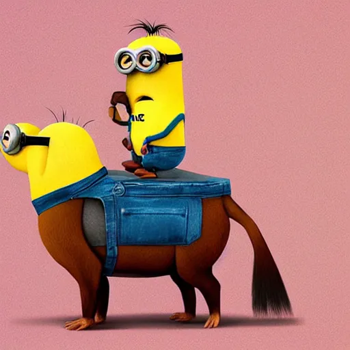 Prompt: a minion riding a capybara, digital art