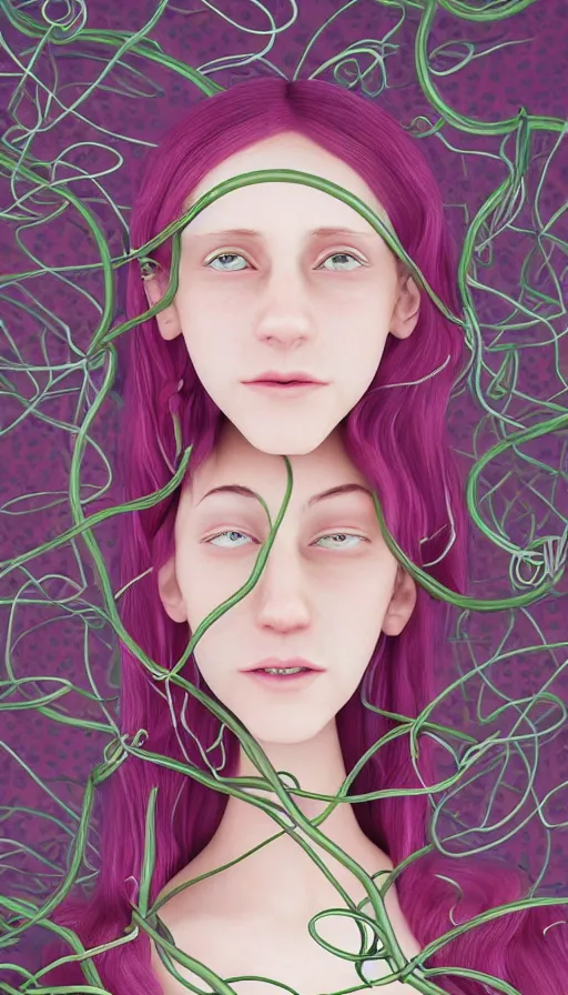 Prompt: very detailed portrait of a 2 0 years old girl surrounded by tentacles, the youg woman visage is blooming from fractal and vines, by pixar concept artists