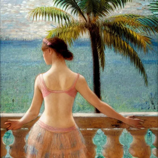 Image similar to a ultradetailed beautiful painting of a ballerina in the amazonas palace balustrade designed by jules bastien - lepage, hans belmer, frank weston and gustave baumann, beach, trending on artstation, mediterranean, palm trees, refracted color sparkles, sharp focus, soft light, 8 k 4 k