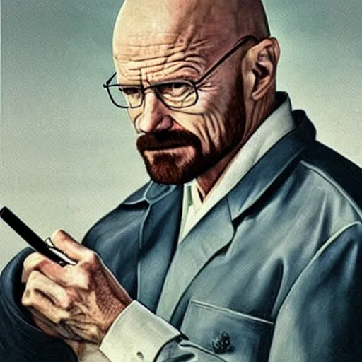 Prompt: walter white the detective holding a knife as evidence for the case, vintage art, ultrarealistic