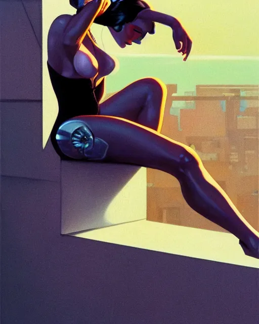 Image similar to a picture of a woman sitting on a ledge, cyberpunk art by boris vallejo and by syd mead and by hiroshi nagai, cgsociety, figurative art, airbrush art, made of liquid metal, synthwave