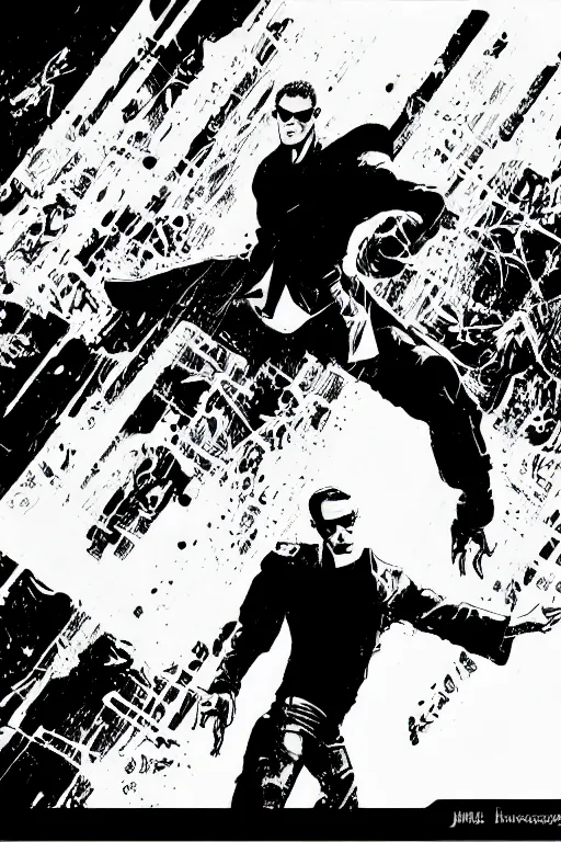 Prompt: jim carrey in the matrix, a page from cyberpunk 2 0 2 0, style of paolo parente, style of mike jackson, adam smasher, johnny silverhand, 1 9 9 0 s comic book style, white background, ink drawing, black and white