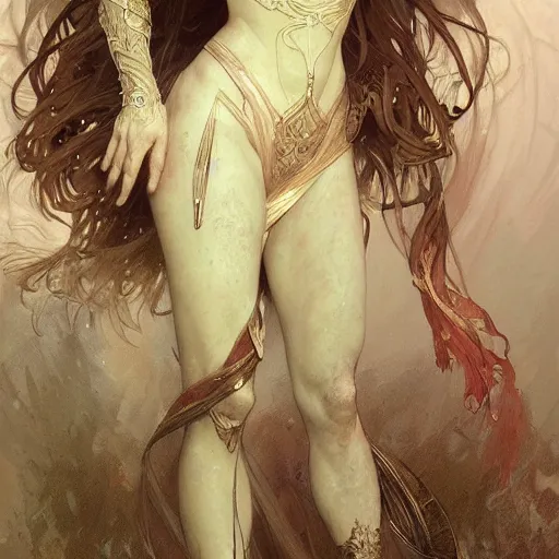 Image similar to a full body portrait of a beautiful ethereal child girl warrior, intricate, elegant, highly detailed, digital painting, artstation, concept art, smooth, sharp focus, illustration, art by krenz cushart and artem demura and alphonse mucha