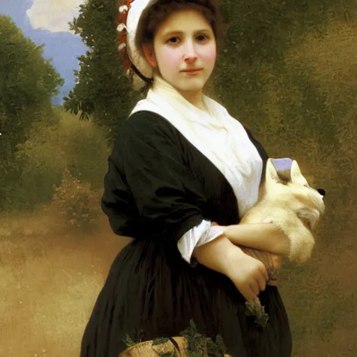 Prompt: An anthropomorphic fox woman wearing a white sunbonnet, portrait by Robert Cleminson and William-Adolphe Bouguereau