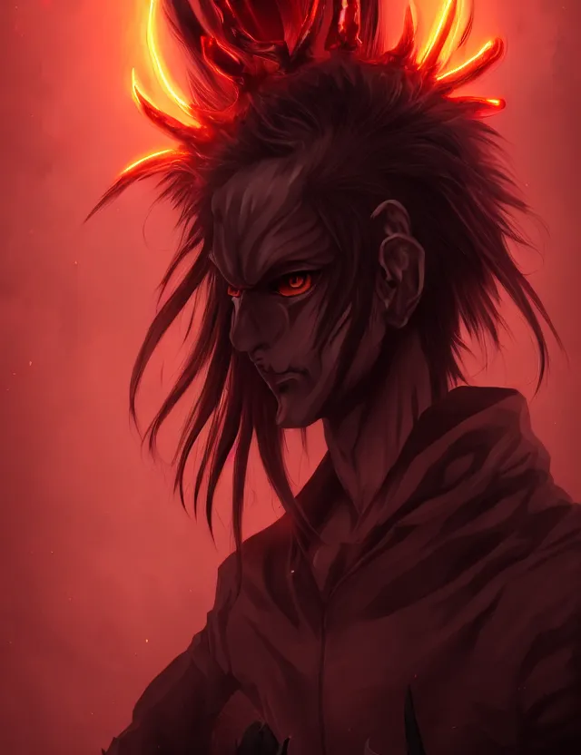 Image similar to a detailed manga portrait of a shadowy handsome demon boy with dark antlers and long crimson hair and glowing orange eyes, trending on artstation, digital art, 4 k resolution, detailed, high quality, sharp focus, hq artwork, coherent, insane detail, character portrait