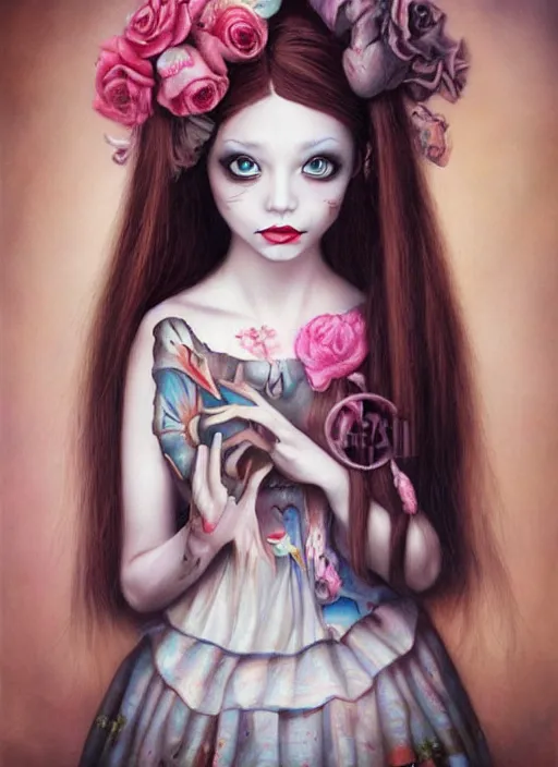 Image similar to pop surrealism, lowbrow art, realistic cute alice girl painting, japanese street fashion, hyper realism, muted colours, rococo, lori earley style,