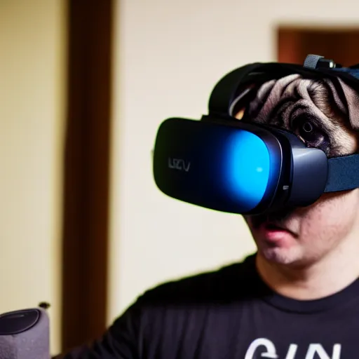 Prompt: film still medium shot a pug wearing a oculus quest vr headset, leica sl 2 5 0 mm, vivid color, high quality, high textured, real life