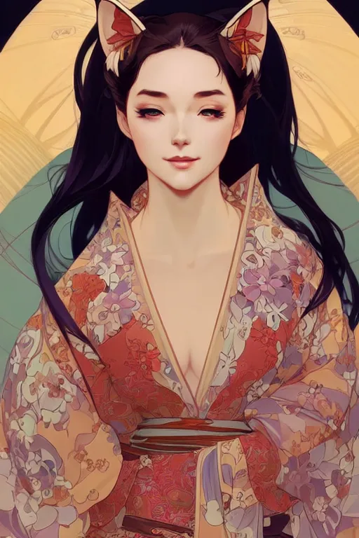 Image similar to A beautiful woman with fox ears who wears kimono, highly detailed, digital painting, artstation, concept art, smooth, sharp focus, illustration, art by artgerm and alphonse mucha, high definition digital art, in the style of Ross tran and ilya kuvshinov