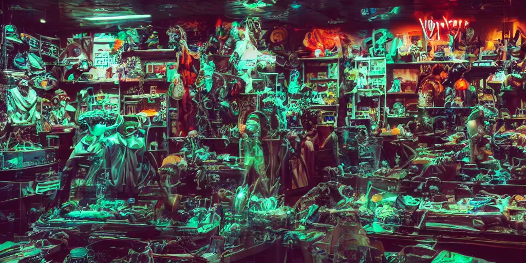 Image similar to a photo of a dirty alien shop, futuristic, holographic, 8k, sharp focus, Fujifilm