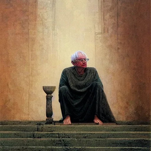 Prompt: a coherent award - winning beautiful!!! portrait of a calm bernie sanders!, sitting on curious temple stairs, painted by zdzislaw beksinski