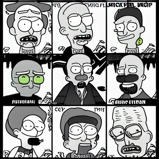 Image similar to breaking bad crossover with rick and morty and the simpson, fanart, trending on artstation, deviantart, my rendition