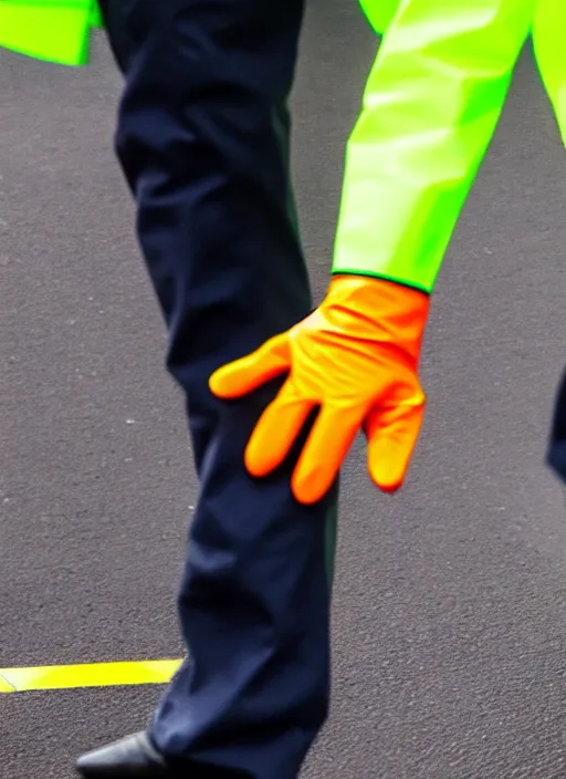 Image similar to macron wearing hivis and rubber gloves