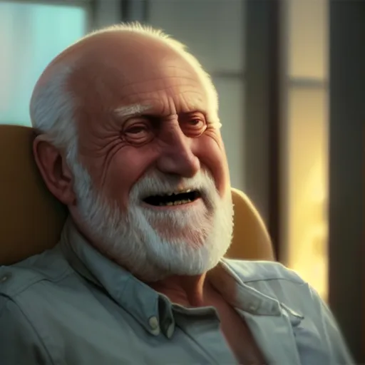 Image similar to hide the pain harold ; cinematic screenshot ; crisp sharp focus ; ultra realistic, concept art, intricate details, cool forced smile at office with cup in hand, highly detailed, photorealistic, octane render, 8 k, unreal engine. art by artgerm and greg rutkowski and charlie bowater and magali villeneuve and alphonse mucha