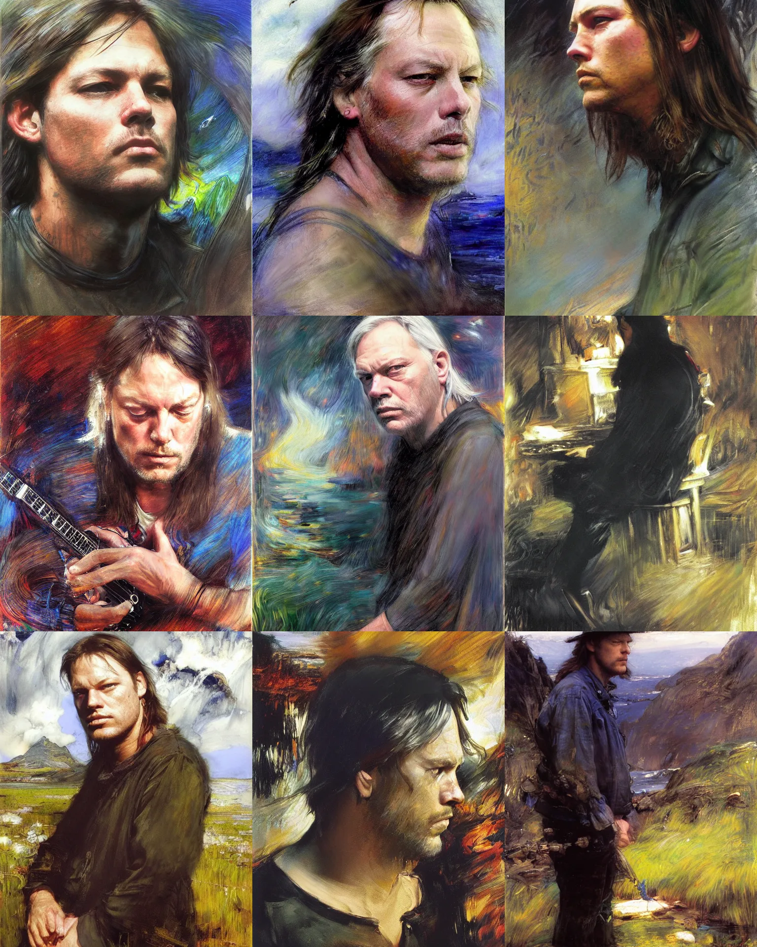 Image similar to david gilmour age 3 2 looking down dramatic expression, psychedelic plein air portrait painting by richard schmid, thomas moran, john william waterhouse, studio ghibli, donato giancola,