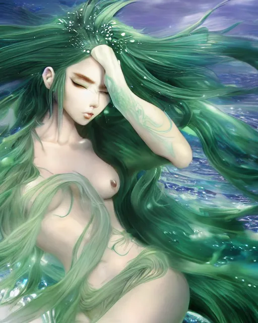 Image similar to beautiful green hair mermaid, anime style, epic underwater scenery wallpaper aesthetic, pastel colors, cinematic, dramatic, super detailed and intricate, hyper realistic, 4 k render, by artgerm, by kyoung hwan kim, by ralph mcquarrie, by yoshiyuki tomino