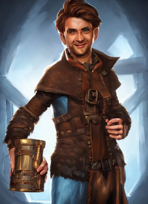 Image similar to An epic fantasy comic book style portrait painting of a handsome young man with brown wavey hair, wearing thief clothing in a tavern and smiling with a wooden tankard in hand, unreal 5, DAZ, hyperrealistic, octane render, cosplay, RPG portrait, dynamic lighting