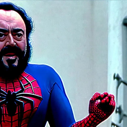 Image similar to luciano pavarotti as spiderman, highly detailed, 8 k