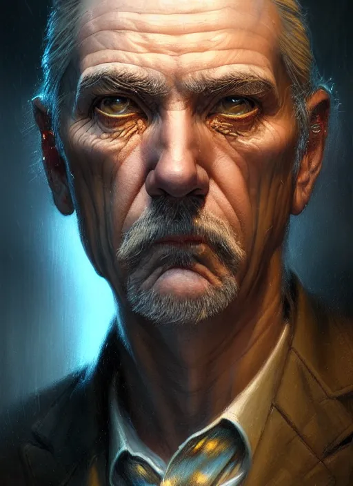 Image similar to closeup portrait shot of an aging detective in a scenic cyberpunk mystery environment, intricate, elegant, highly detailed, centered, digital painting, artstation, concept art, smooth, sharp focus, illustration, artgerm, tomasz alen kopera, peter mohrbacher, donato giancola, joseph christian leyendecker, wlop, boris vallejo