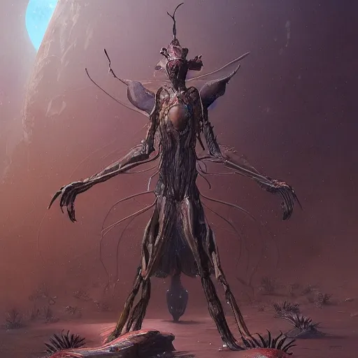 Prompt: A detailed painting of an anthropomorphic ant queen standing on her hind legs with large legs, stars in the background, formian pathfinder, digital art 4k, Wayne Barlowe Greg Rutkowski