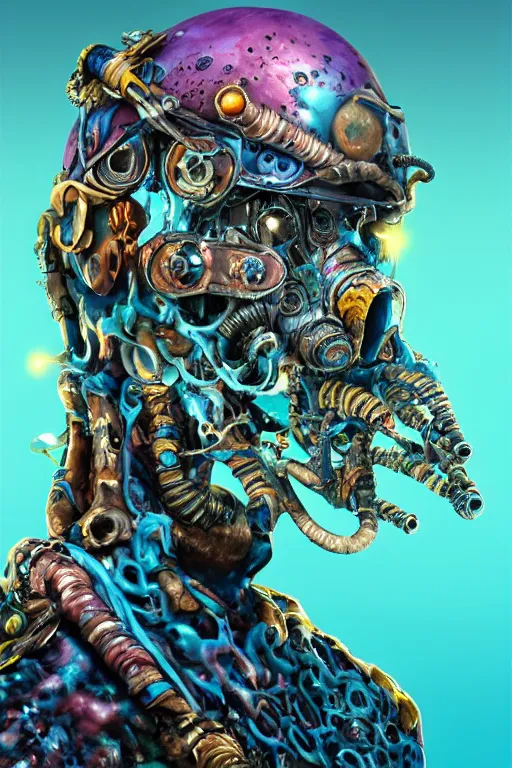 Prompt: art by andrew chiampo, frederik heyman and jonathan zawada, a highly detailed digital art rendering and concept design of a postapocalyptic raider entwined in popping colorful fluids, fantasy, hyperrealism, 4 k, volumetric lighting, three dimensions, a digitally altered world, user interface design, 3 d modeling, illustration, and transportation design