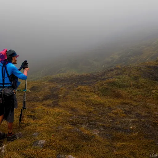 Prompt: photo of real life herobrine from far away in the background while one hiker poses, photo shot by tourists, hiking trail, reduced visibility, overcast, high resolution, shot on nikon d 3 2 0 0
