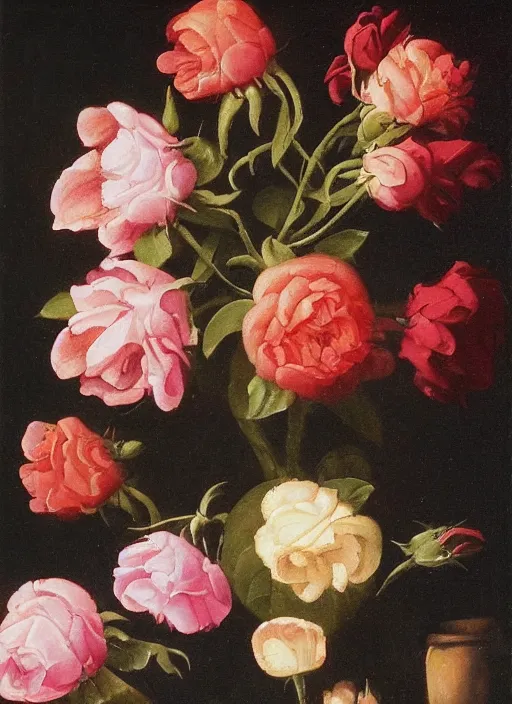 Image similar to detailed dutch still life painting of flowers and roses, sharp focus, dark background
