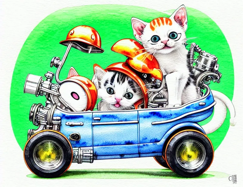 Image similar to cute and funny, kitten wearing a helmet riding in a tiny hot rod with oversized engine, ratfink style by ed roth, centered award winning watercolor pen illustration, isometric illustration by chihiro iwasaki, edited by range murata, tiny details by artgerm and watercolor girl, symmetrically isometrically centered