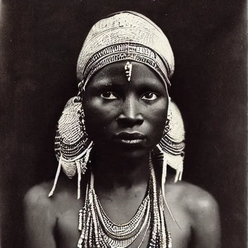 Prompt: vintage photo of a beautiful west African manding queen by edward s curtis, photo journalism, photography, cinematic, national geographic photoshoot