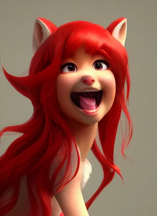 Image similar to a cute asian girl fox singing, flowing red hair in the style of pixar animation, mid-shot, award winning, hyper detailed, studio lighting, artstation, octane renderer, unreal engine