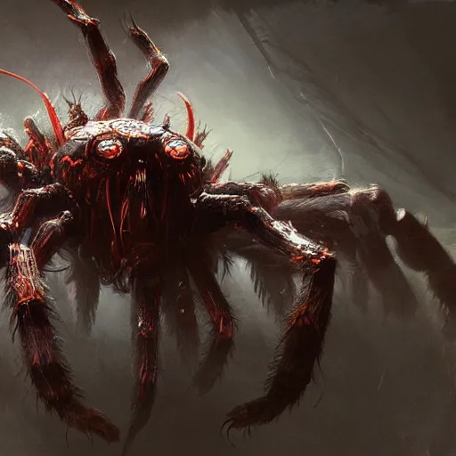 Image similar to An arachnid monster, feral, horrific, drawn by Ruan Jia, fantasy art, dramatic lighting, digital art,highly detailed