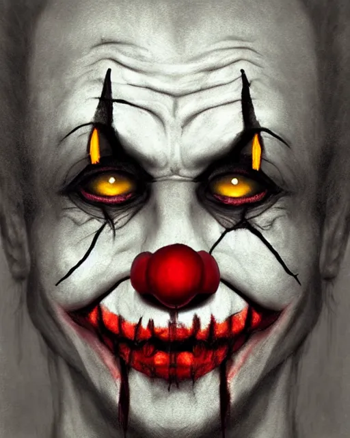 Prompt: scary clown portrait, creepy, hyper realistic, ambient lighting, horror art, intricate, hyper detailed, smooth