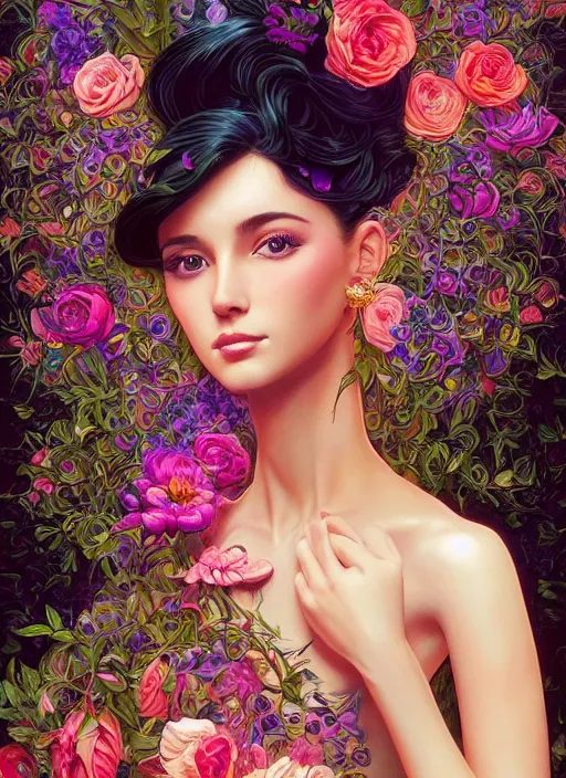 Prompt: beautiful young woman, extremely detailed gorgeous face, sad eyes, sexy body and face, vaporwave aesthetic, synthwave, long luxurious gown, flowers, colorful, psychedelic, intricate, elegant, highly detailed, digital painting, artstation, concept art, smooth, sharp focus, illustration, art by artgerm and greg rutkowski and alphonse mucha