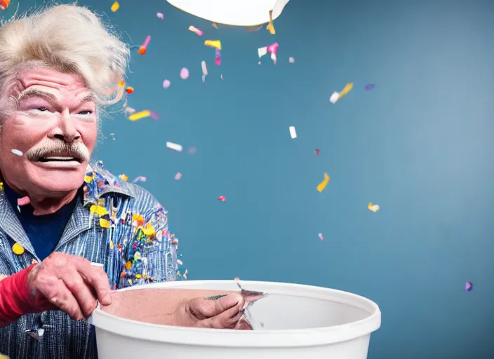 Prompt: photo still of rip taylor in patient surgery room!!!!!!!! at age 5 4 years old 5 4 years of age!!!!!!! throwing confetti from a bucket, 8 k, 8 5 mm f 1. 8, studio lighting, rim light, right side key light