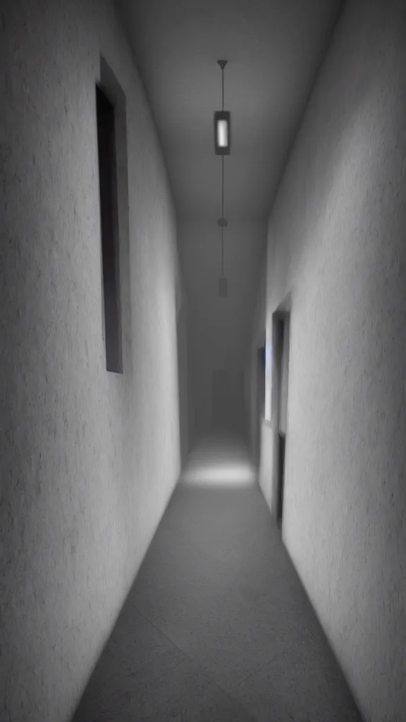 Image similar to dark and dim corridor, haunted, long exposure, detailed, hyper realistic, photorealism, ultra wide angle view, cinematic, peaceful, volumetric lighting