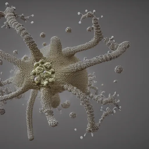 Prompt: a daguerreotype depicting precise details of microscopic shoggoth nanomachines in a fractal neuronal mycelial network, unreal engine cinema 4 d photorealism volumetric lighting