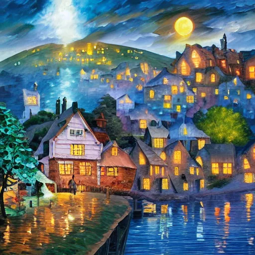 Prompt: village by james christensen, rob gonsalves, paul lehr, leonid afremov and tim white