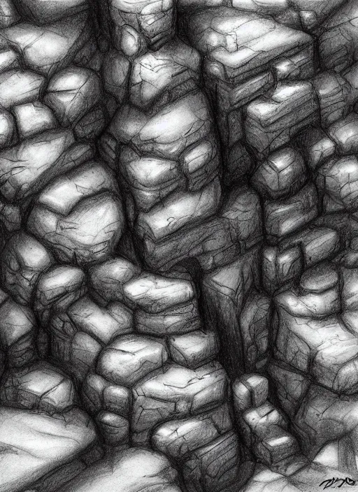 Prompt: a pencil drawing of rocks, concept art by pedro alvarez castello, artstation, concept art, pencil sketch, greeble