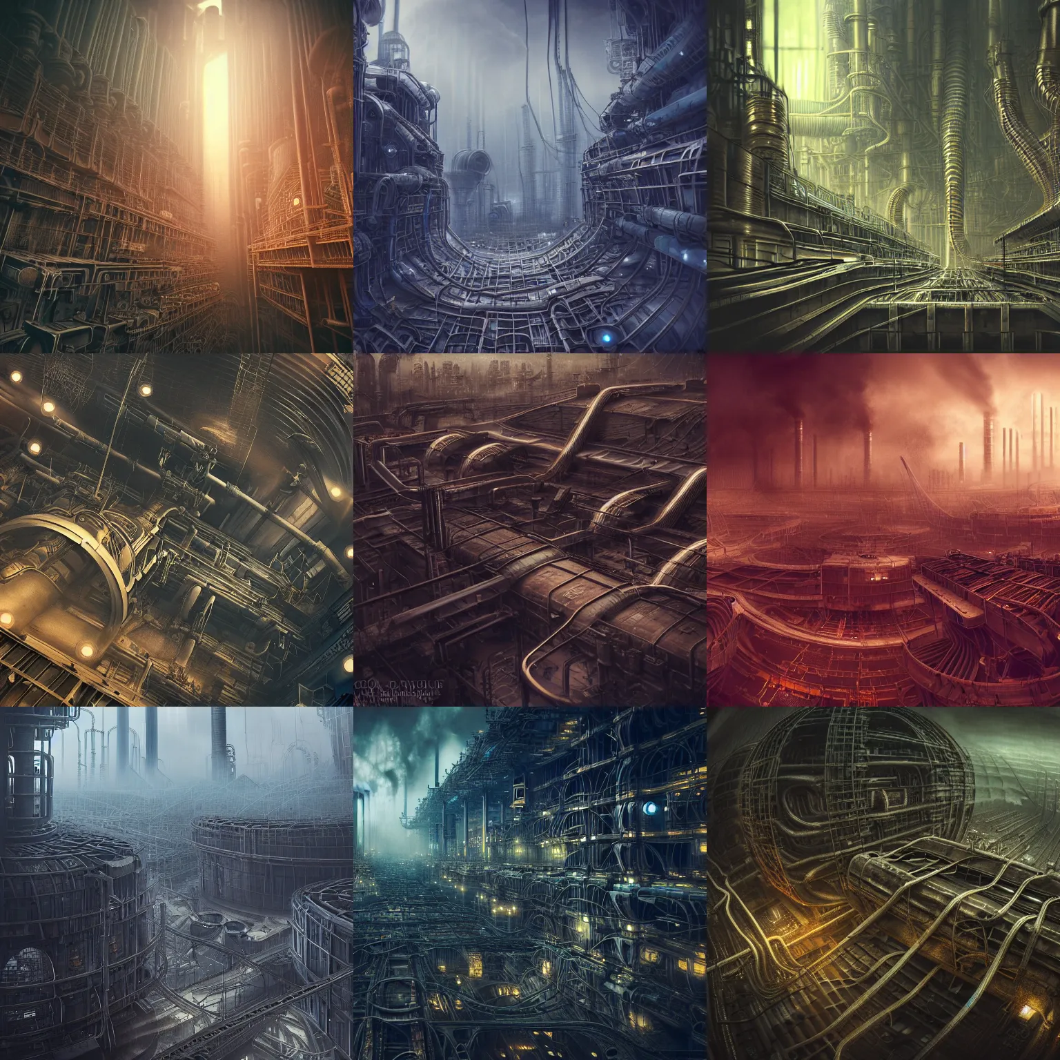 Prompt: futuristic dystopian endless, intricate, complex, labyrinthine, byzantine, tangled, industrial megafactory complex, smokestacks, pipelines and ducts and vents, matte painting, steampunk, smoke, night, gloomy, dark, dramatic, cinematic, volumetric lighting, gods eye view