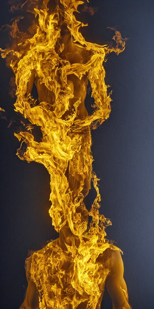 Image similar to a surreal painting of a man made of golden fire, volumetric lighting