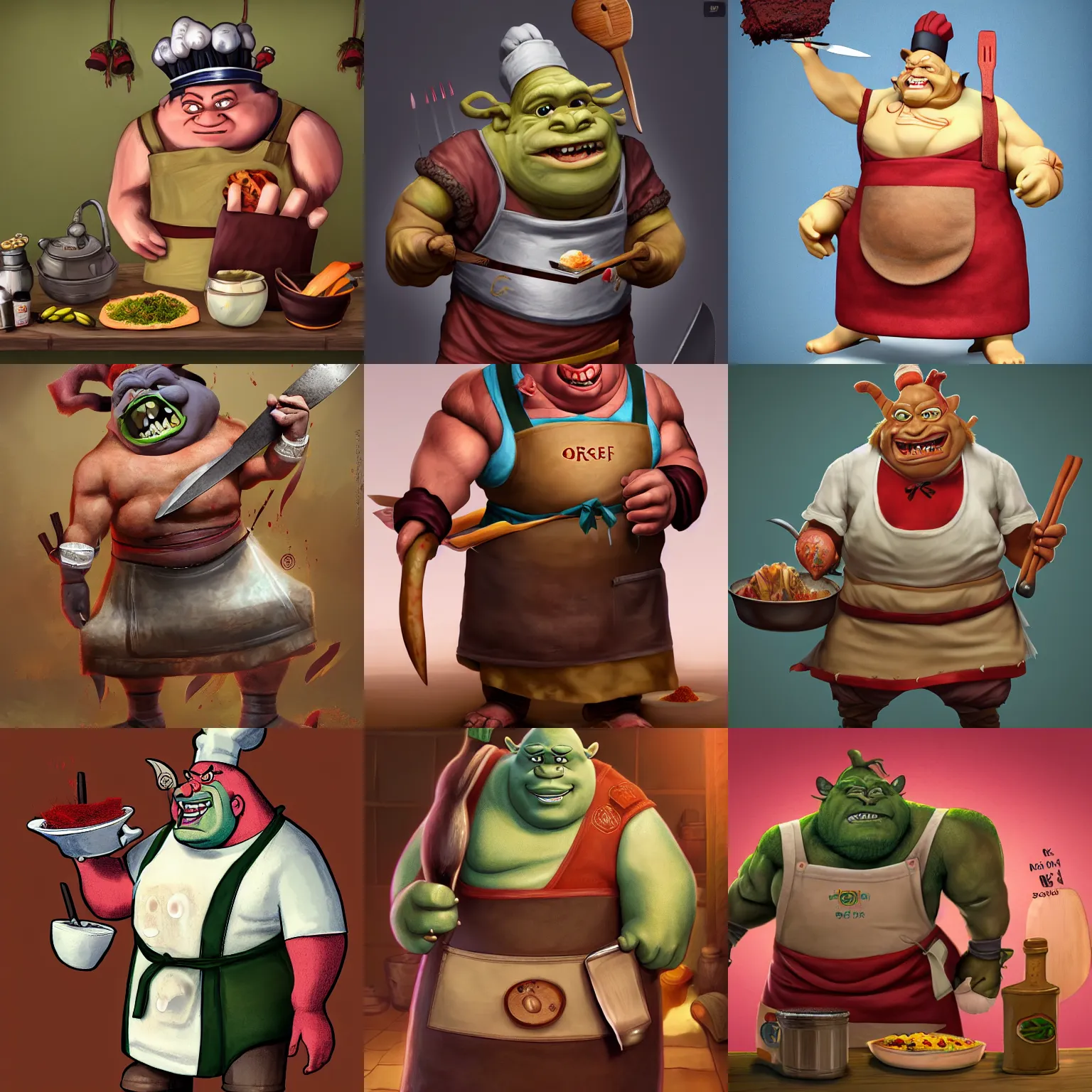 Prompt: ogre chef in an apron, he has knives on his belt, bottles of spices, he tries food from a mitt, highly detailed, trending on artstation, award winning