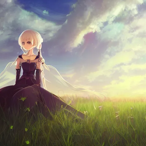 Image similar to portrait of lady avalon sitting in the field of utopia of avalon, anime fantasy illustration by tomoyuki yamasaki, kyoto studio, madhouse, ufotable, square enix, cinematic lighting, trending on artstation