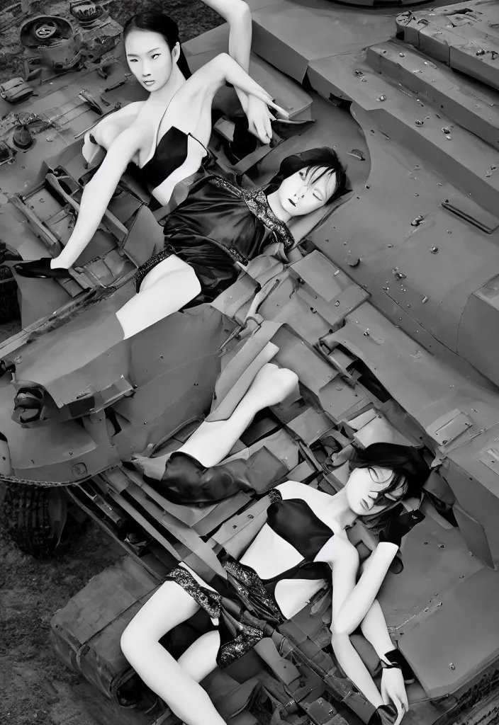 Image similar to gorgeous chinese model, elegant shiny reflective party dress, languishing lays down prone at the front of a military tank at dusk, fashion photography by steven meisel, geometric intervention, cubism