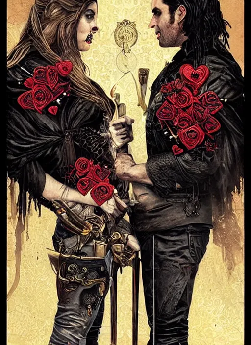 Image similar to tarot card :: horror :: vampires and draculas :: hearts and roses :: gold and silver :: guns and swords :: side profile :: highly details :: intricate details :: Sandra Chevrier and bastien lecouffe deharme